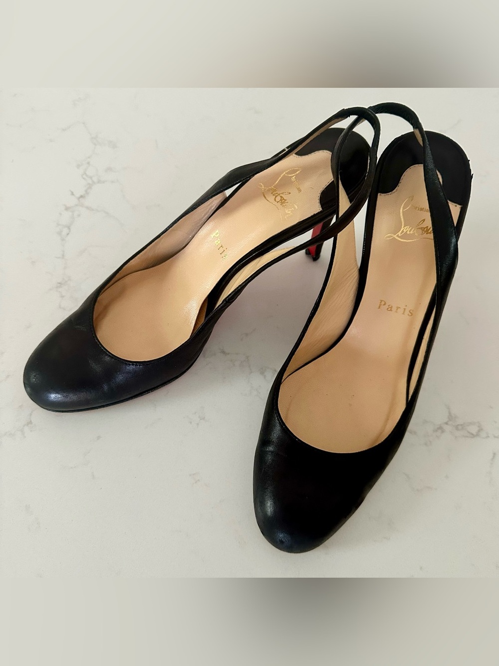 Authentic! Christian Louboutin Black Leather Slingback Pumps Size 38.5